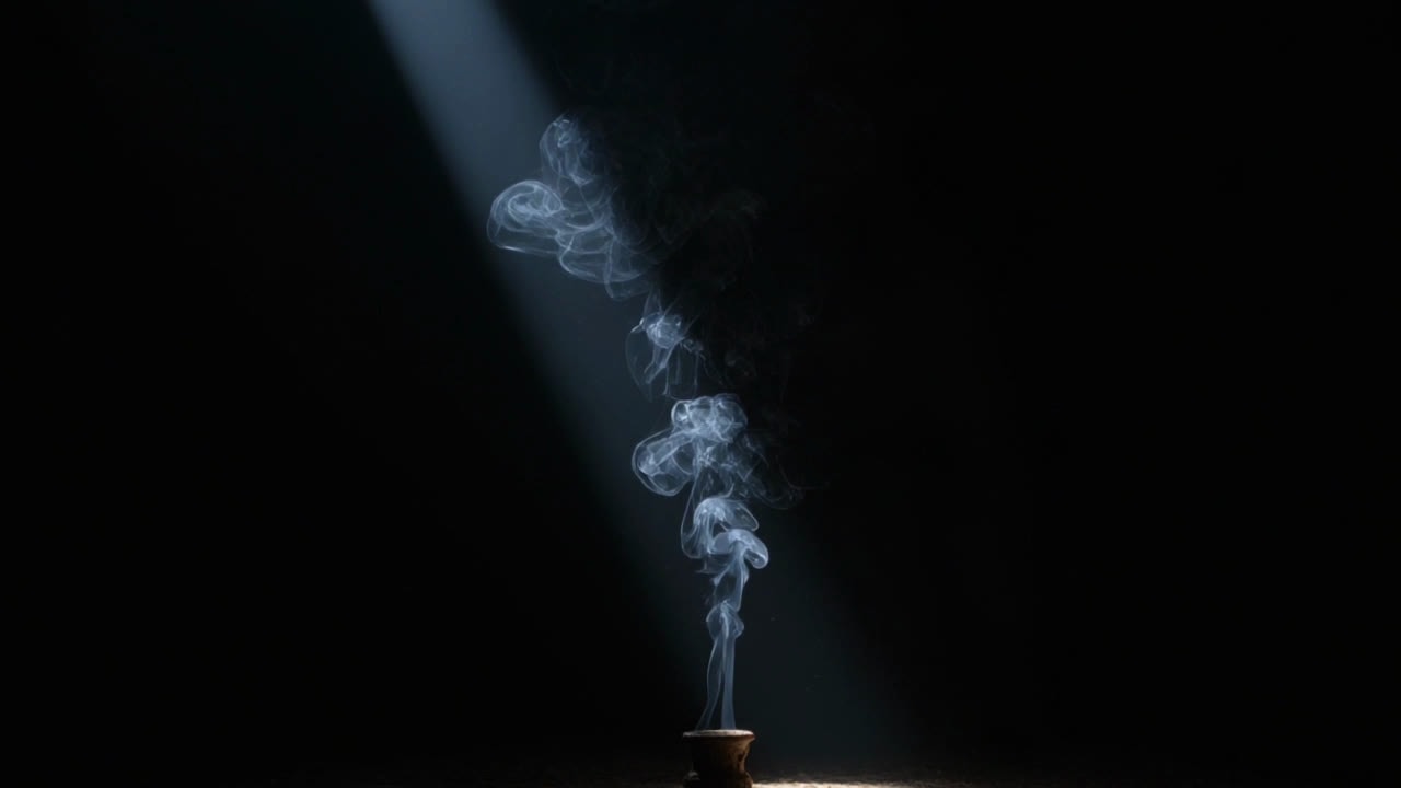 A column of pale smoke rising through a cold shaft of light — vapour.